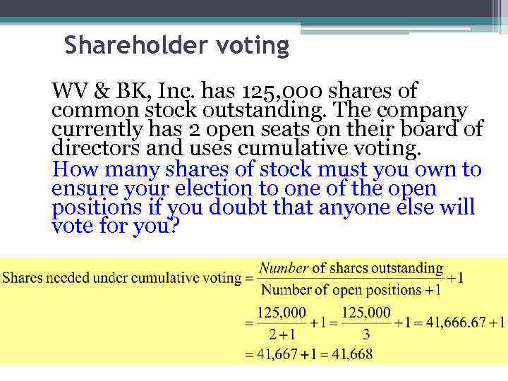 Shareholder voting WV & BK, Inc. has 125, 000 shares of common stock outstanding.