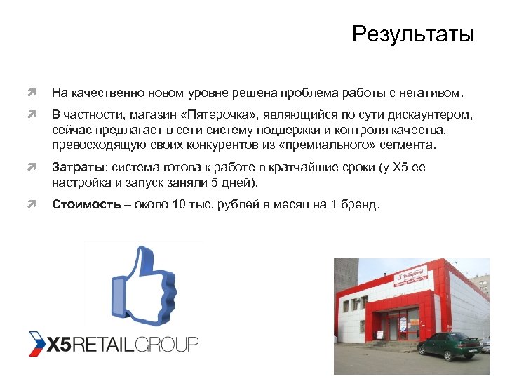 Результаты На качественно новом уровне решена проблема работы с негативом. В частности, магазин «Пятерочка»