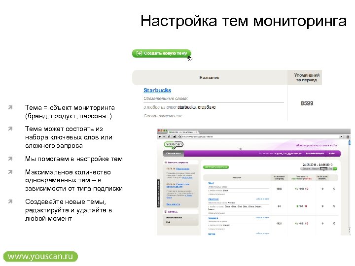 Настройка тем мониторинга Тема = объект мониторинга (бренд, продукт, персона. . ) Тема может