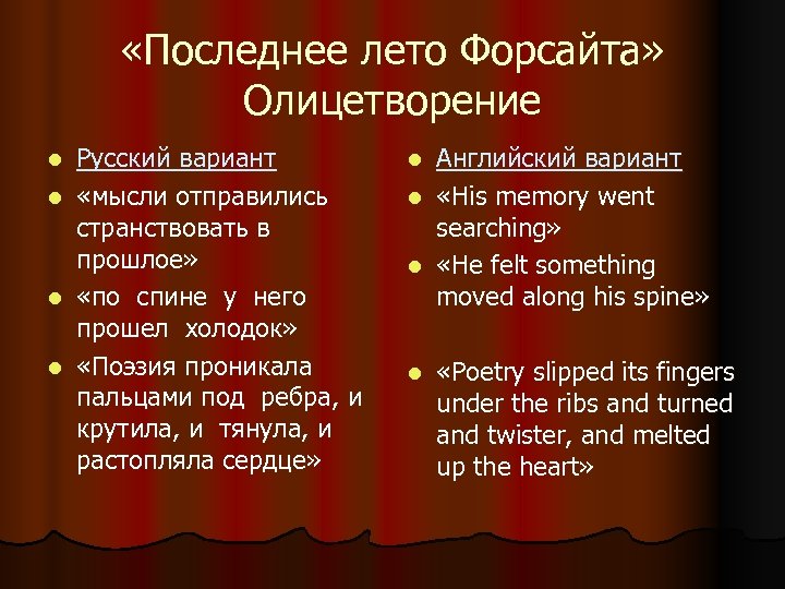  «Последнее лето Форсайта» Олицетворение l l Русский вариант «мысли отправились странствовать в прошлое»