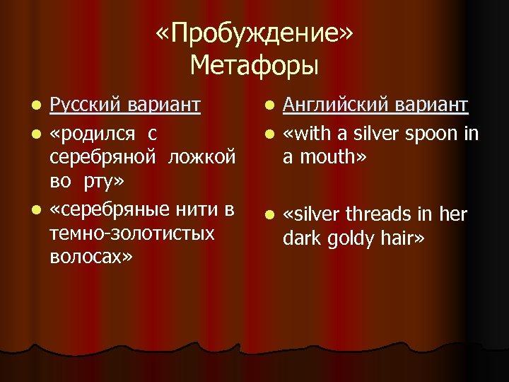  «Пробуждение» Метафоры Русский вариант l «родился с серебряной ложкой во рту» l «серебряные