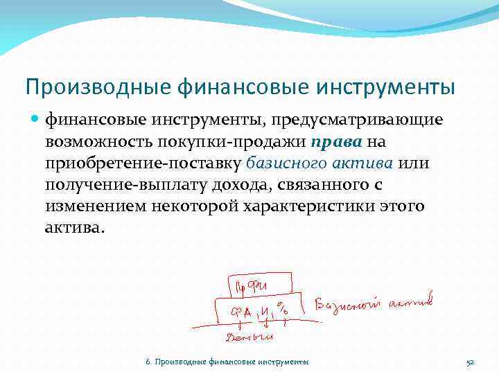 Производные финансовые инструменты, предусматривающие возможность покупки-продажи права на приобретение-поставку базисного актива или получение-выплату дохода,