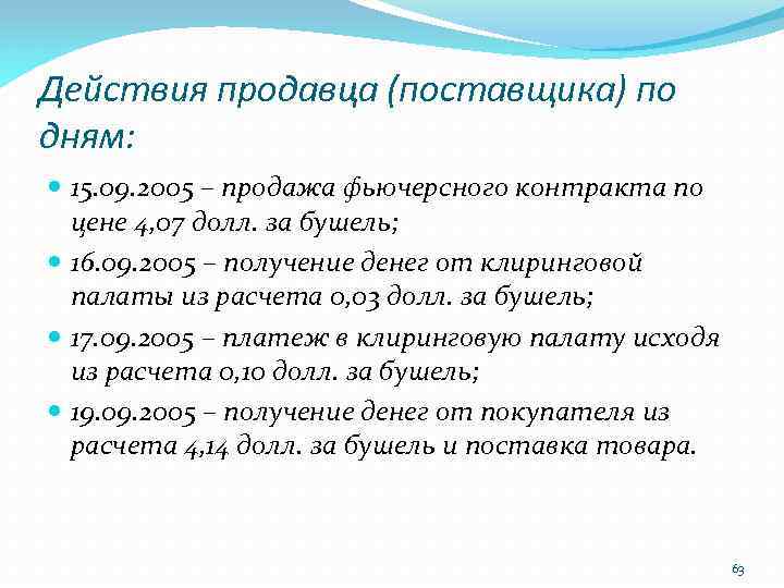 Действия продавца (поставщика) по дням: 15. 09. 2005 – продажа фьючерсного контракта по цене