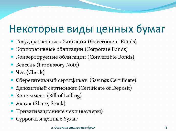 Некоторые виды ценных бумаг Государственные облигации (Government Bonds) Корпоративные облигации (Corporate Bonds) Конвертируемые облигации