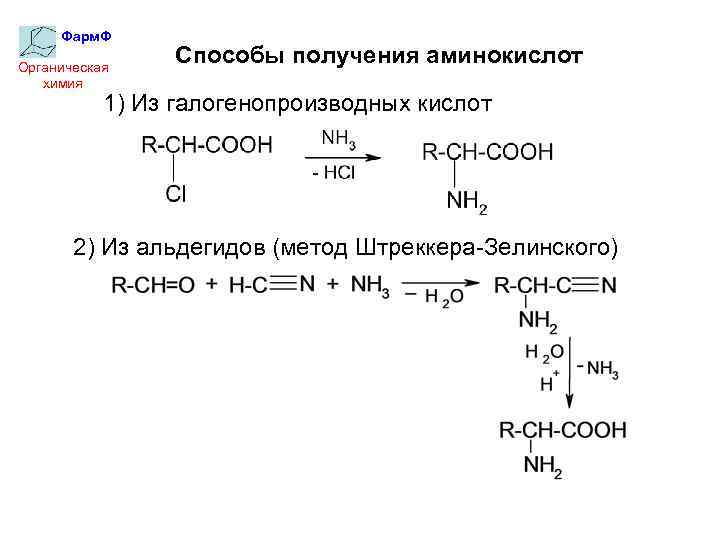 Фарм. Ф Органическая химия Способы получения аминокислот 1) Из галогенопроизводных кислот 2) Из альдегидов