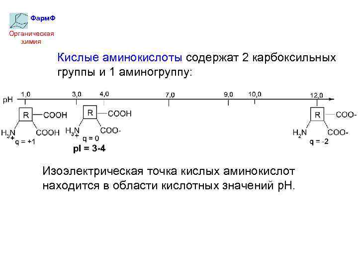 Фарм. Ф Органическая химия Кислые аминокислоты содержат 2 карбоксильных группы и 1 аминогруппу: Изоэлектрическая