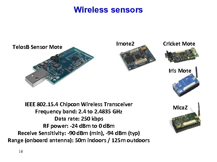 Wireless sensors Telos. B Sensor Mote Imote 2 Cricket Mote Iris Mote IEEE 802.