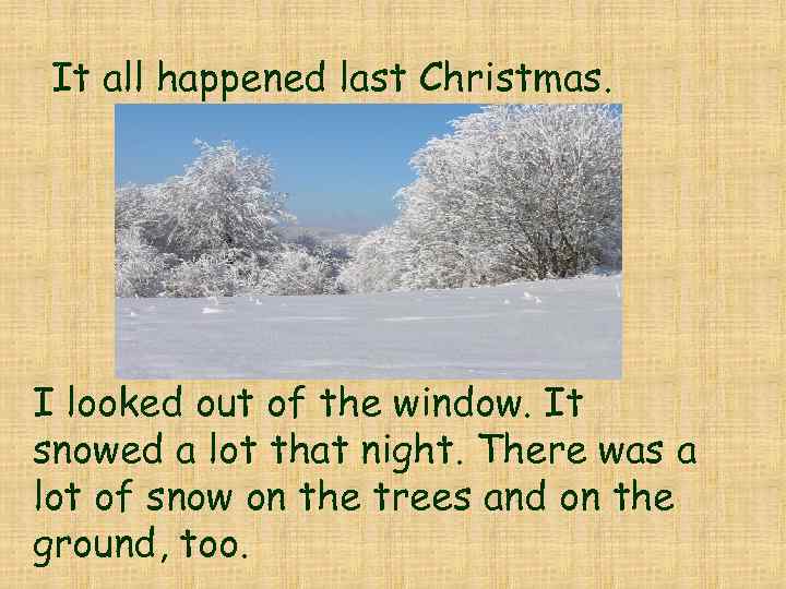 It all happened last Christmas. I looked out of the window. It snowed a