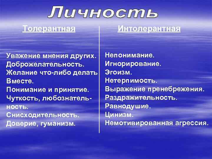 Толерантная Уважение мнения других. Доброжелательность. Желание что-либо делать Вместе. Понимание и принятие. Чуткость, любознательность.