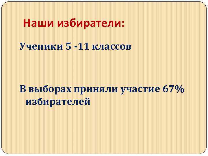 Наши избиратели: Ученики 5 -11 классов В выборах приняли участие 67% избирателей 