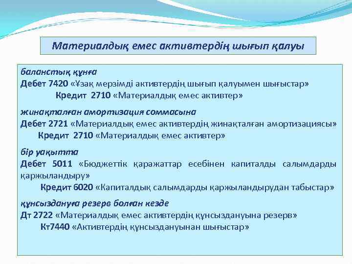 Материалдық емес активтердің шығып қалуы баланстық құнға Дебет 7420 «Ұзақ мерзімді активтердің шығып қалуымен