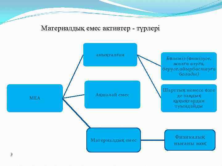 Материалдық емес активтер - түрлері анықталған МЕА Ақшалай емес Материалдық емес 3 Бөлеміз (өткізуге,