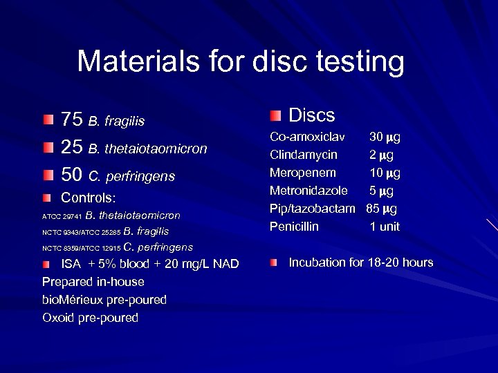 Materials for disc testing 75 B. fragilis 25 B. thetaiotaomicron 50 C. perfringens Controls: