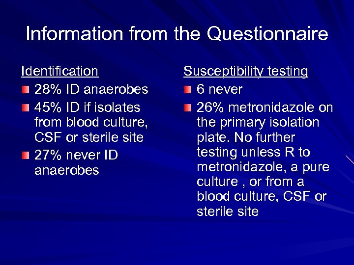 Information from the Questionnaire Identification 28% ID anaerobes 45% ID if isolates from blood