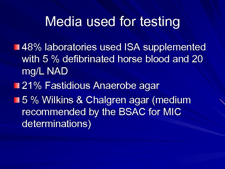 Media used for testing 48% laboratories used ISA supplemented with 5 % defibrinated horse