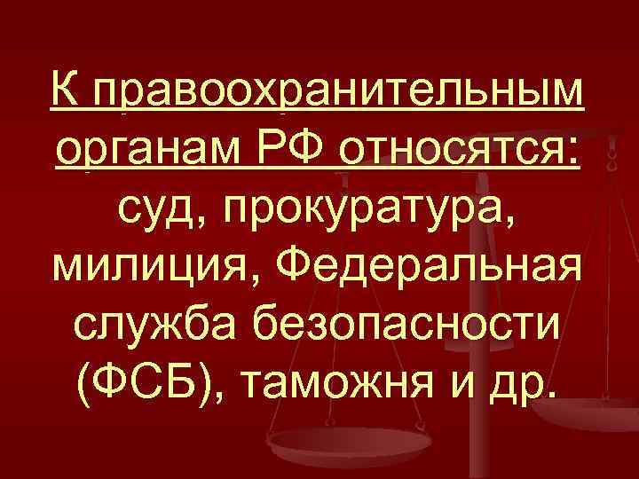 К правоохранительным органам РФ относятся: суд, прокуратура, милиция, Федеральная служба безопасности (ФСБ), таможня и