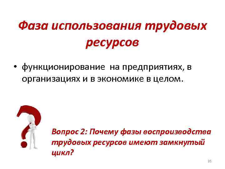 Фаза использования трудовых ресурсов • функционирование на предприятиях, в организациях и в экономике в