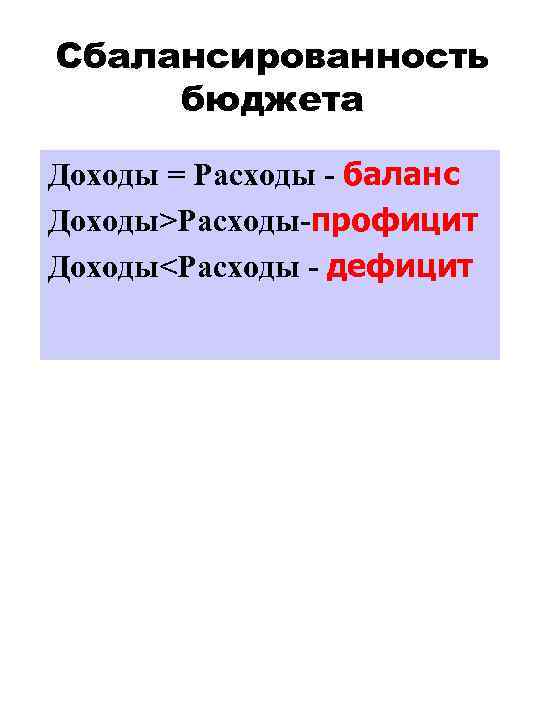 Сбалансированность бюджета Доходы = Расходы - баланс Доходы>Расходы-профицит Доходы<Расходы - дефицит 