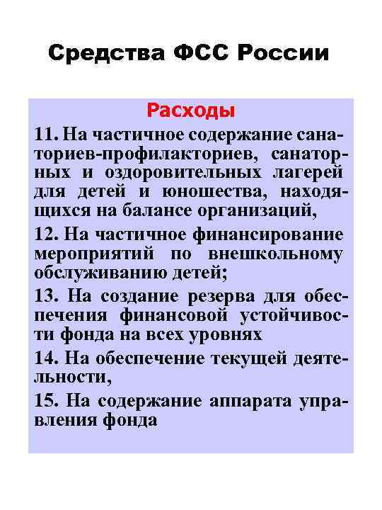 Средства ФСС России Расходы 11. На частичное содержание сана- ториев-профилакториев, санаторных и оздоровительных лагерей