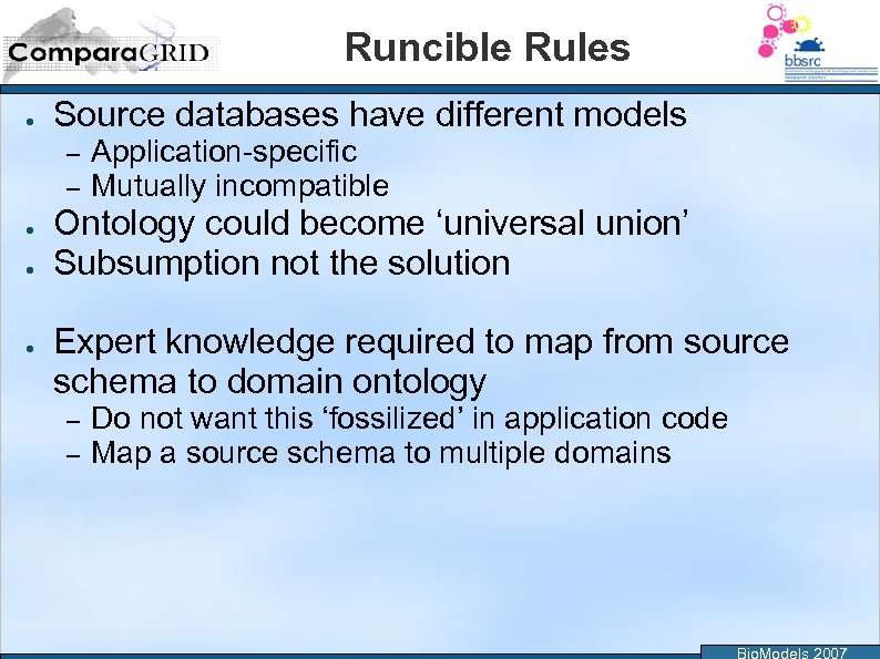 Runcible Rules ● Source databases have different models – – ● ● ● Application-specific
