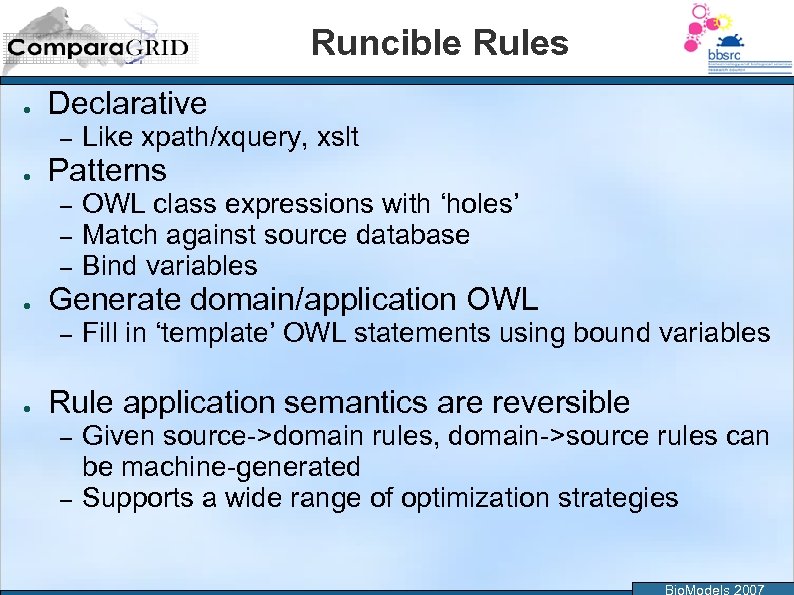 Runcible Rules ● Declarative – ● Patterns – – – ● OWL class expressions