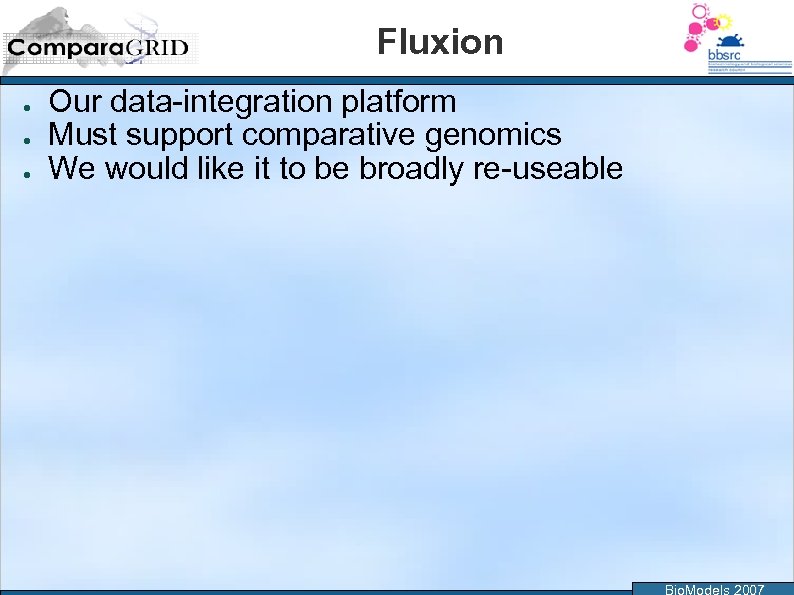 Fluxion ● ● ● Our data-integration platform Must support comparative genomics We would like