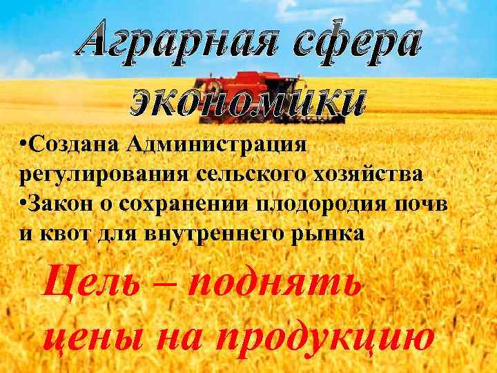 Аграрная сфера экономики • Создана Администрация регулирования сельского хозяйства • Закон о сохранении плодородия