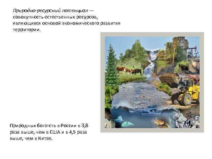 Природно-ресурсный потенциал — совокупность естественных ресурсов, являющихся основой экономического развития территории. Природных богатств в