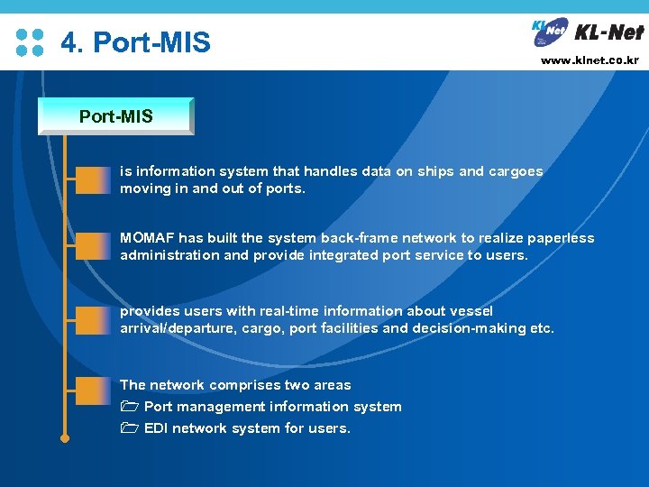 4. Port-MIS L/O/G/O www. klnet. co. kr Port-MIS is information system that handles data