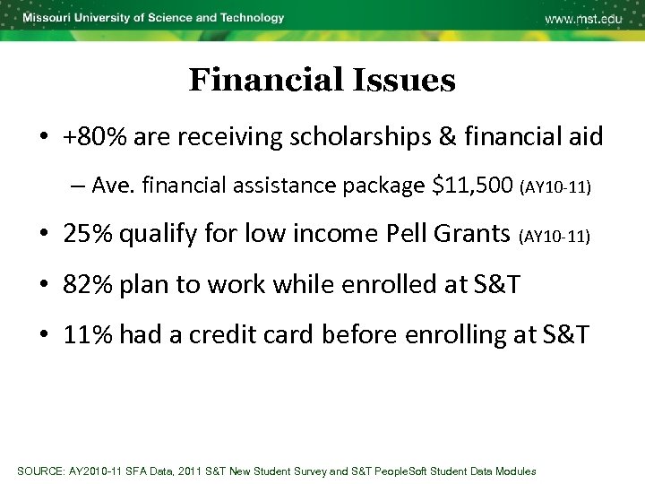 Financial Issues • +80% are receiving scholarships & financial aid – Ave. financial assistance