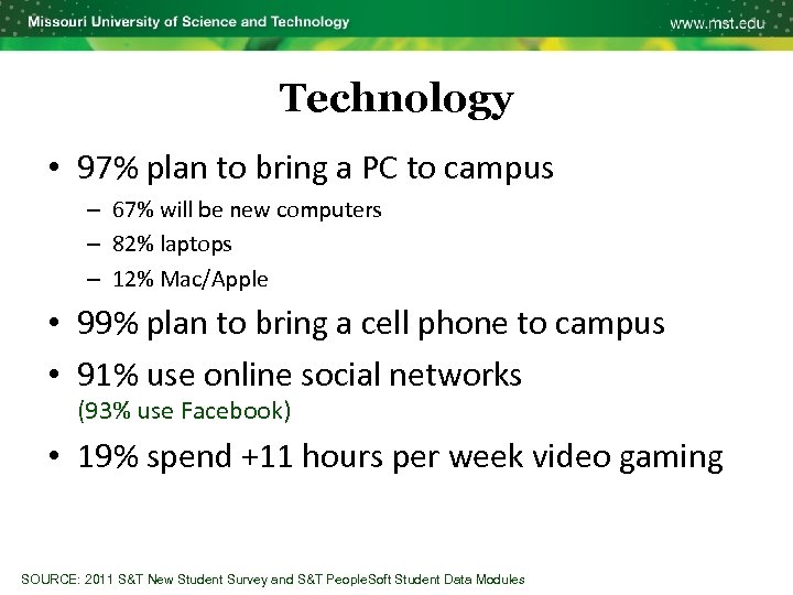 Technology • 97% plan to bring a PC to campus – 67% will be