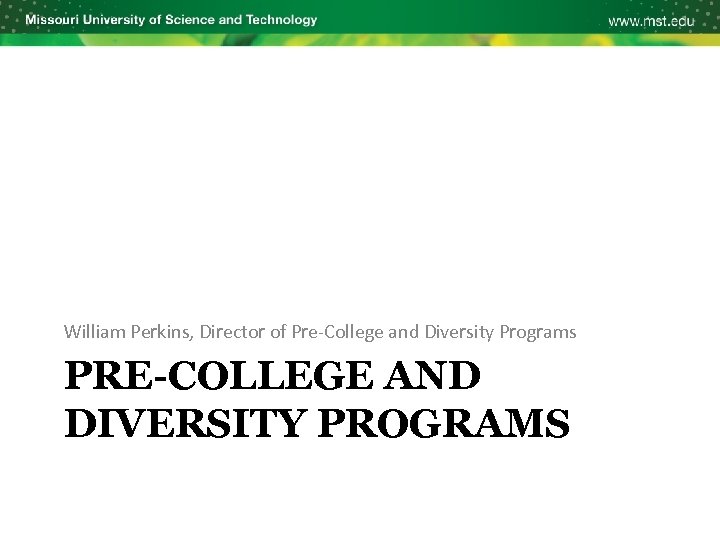 William Perkins, Director of Pre-College and Diversity Programs PRE-COLLEGE AND DIVERSITY PROGRAMS 