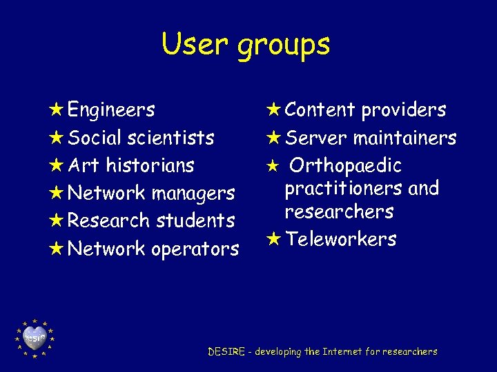 User groups H Engineers H Social scientists H Art historians H Network managers H