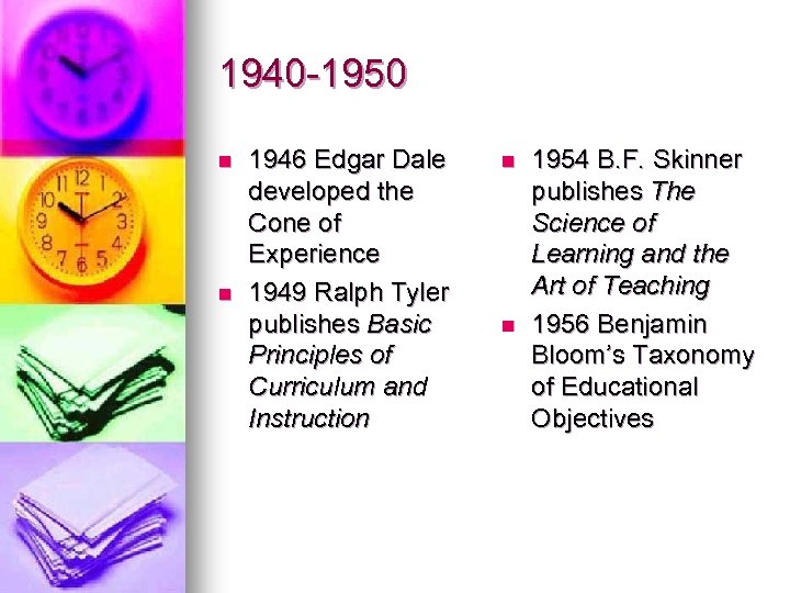 1940 -1950 n n 1946 Edgar Dale developed the Cone of Experience 1949 Ralph