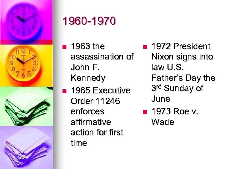 1960 -1970 n n 1963 the assassination of John F. Kennedy 1965 Executive Order