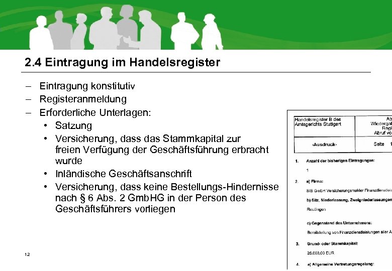2. 4 Eintragung im Handelsregister – Eintragung konstitutiv – Registeranmeldung – Erforderliche Unterlagen: •