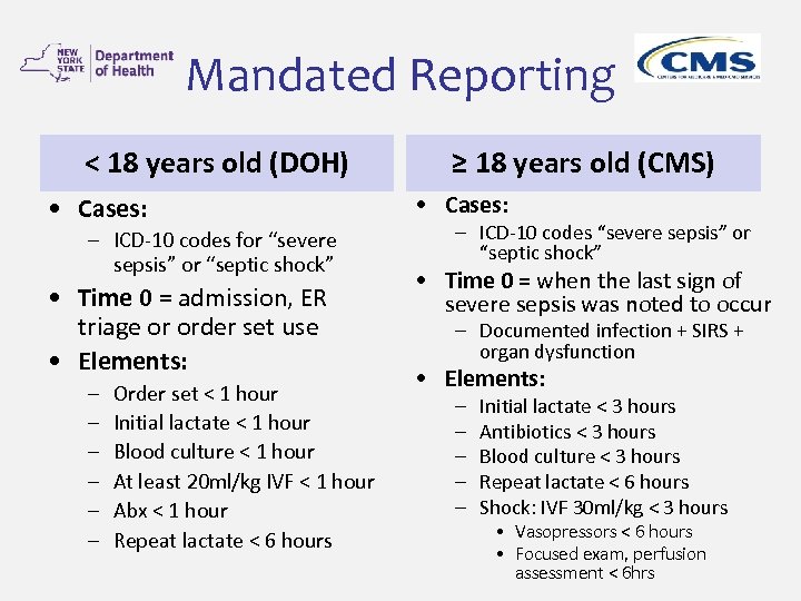 Mandated Reporting < 18 years old (DOH) • Cases: – ICD-10 codes for “severe