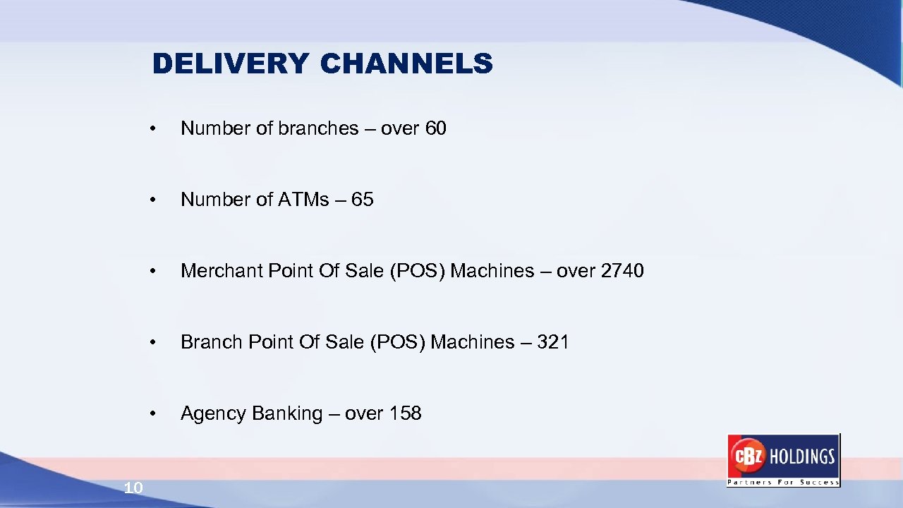 DELIVERY CHANNELS • • Number of ATMs – 65 • Merchant Point Of Sale