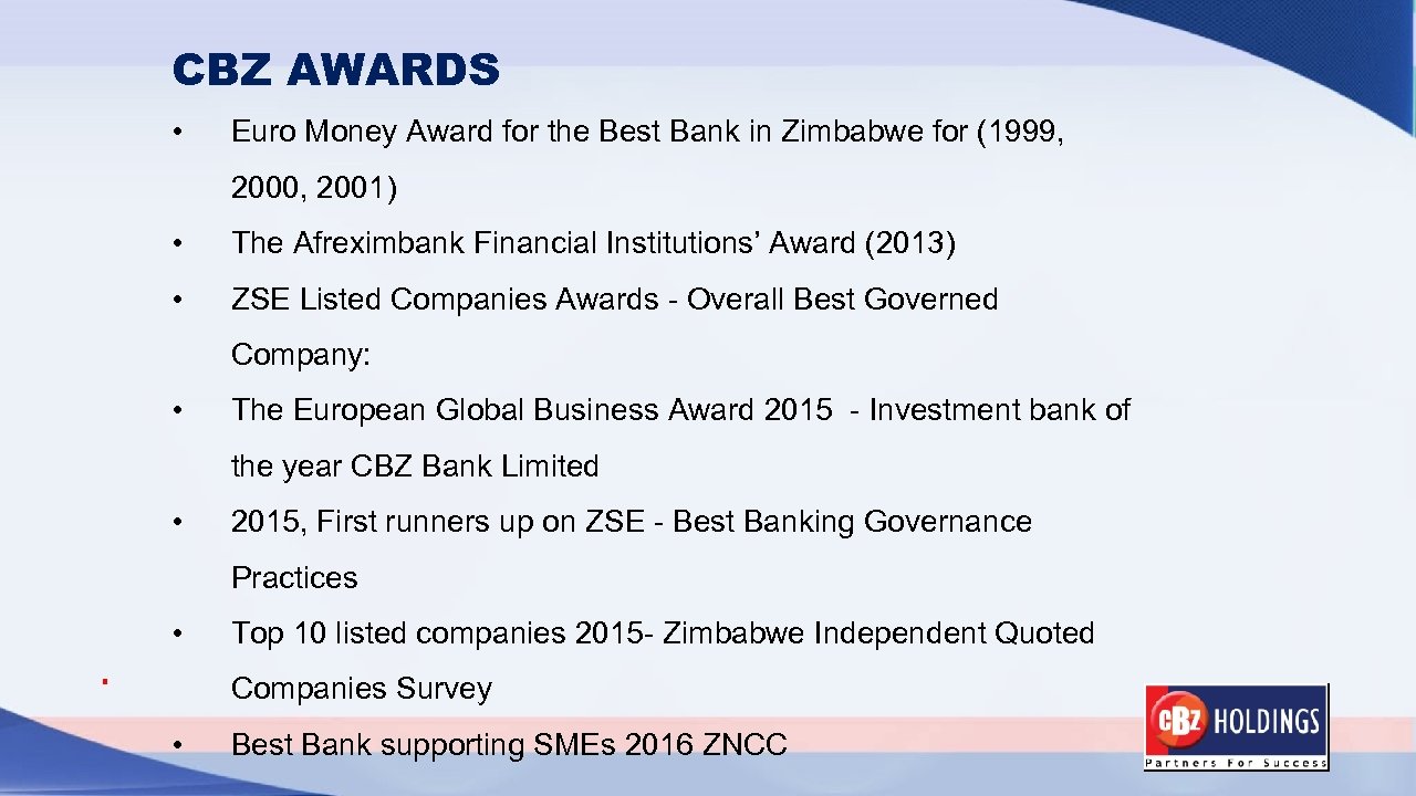 CBZ AWARDS • Euro Money Award for the Best Bank in Zimbabwe for (1999,