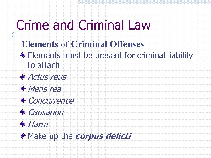 Crime and Criminal Law Elements of Criminal Offenses Elements must be present for criminal