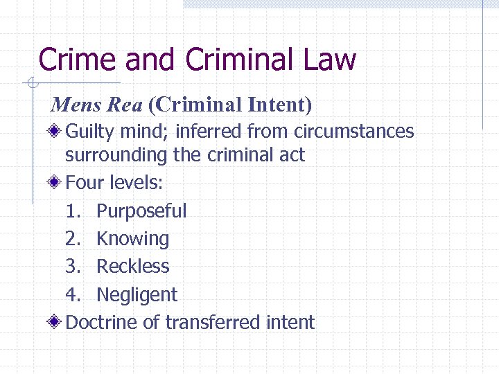 Crime and Criminal Law Mens Rea (Criminal Intent) Guilty mind; inferred from circumstances surrounding