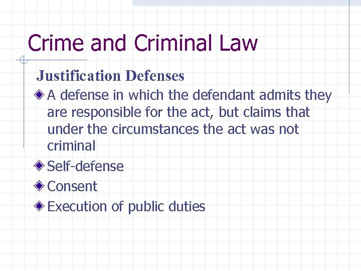 Crime and Criminal Law Justification Defenses A defense in which the defendant admits they
