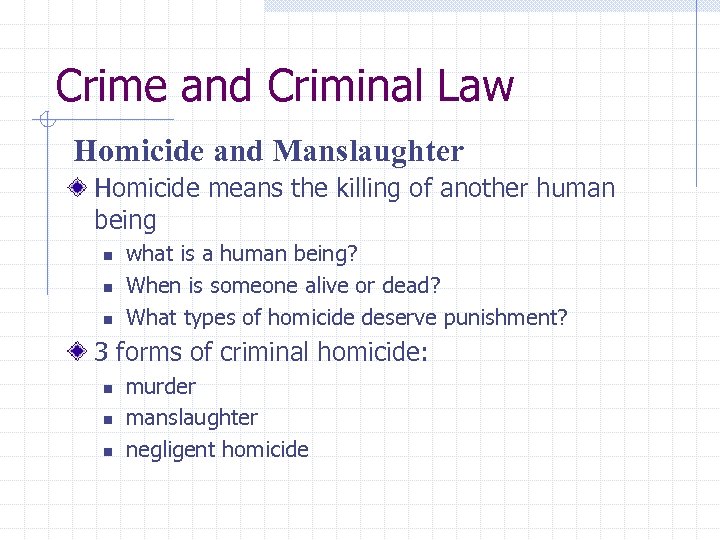 Crime and Criminal Law Homicide and Manslaughter Homicide means the killing of another human