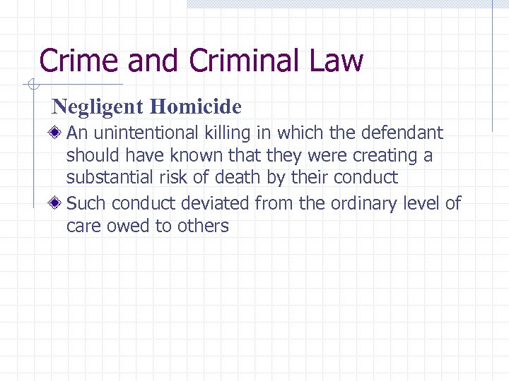 Crime and Criminal Law Negligent Homicide An unintentional killing in which the defendant should