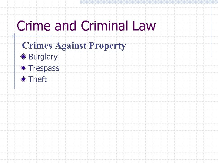 Crime and Criminal Law Crimes Against Property Burglary Trespass Theft 