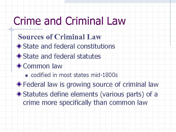 Crime and Criminal Law Sources of Criminal Law State and federal constitutions State and