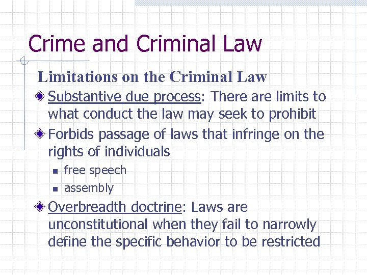 Crime and Criminal Law Limitations on the Criminal Law Substantive due process: There are