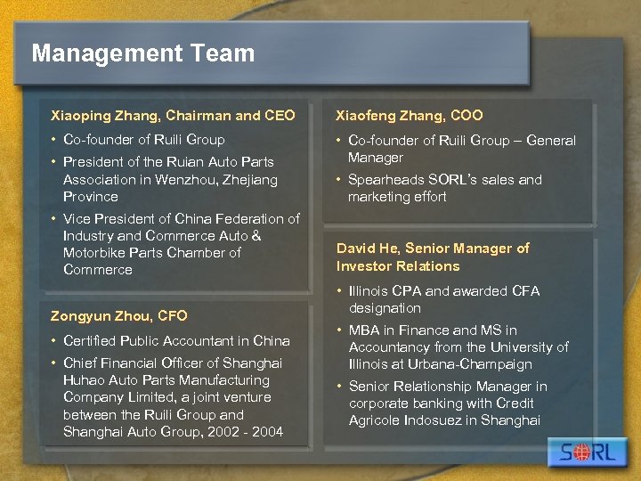 Management Team Xiaoping Zhang, Chairman and CEO Xiaofeng Zhang, COO • Co-founder of Ruili