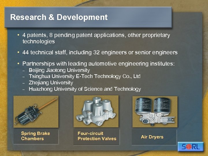 Research & Development • 4 patents, 8 pending patent applications, other proprietary technologies •