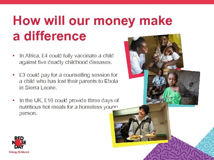 How will our money make a difference • In Africa, £ 4 could fully